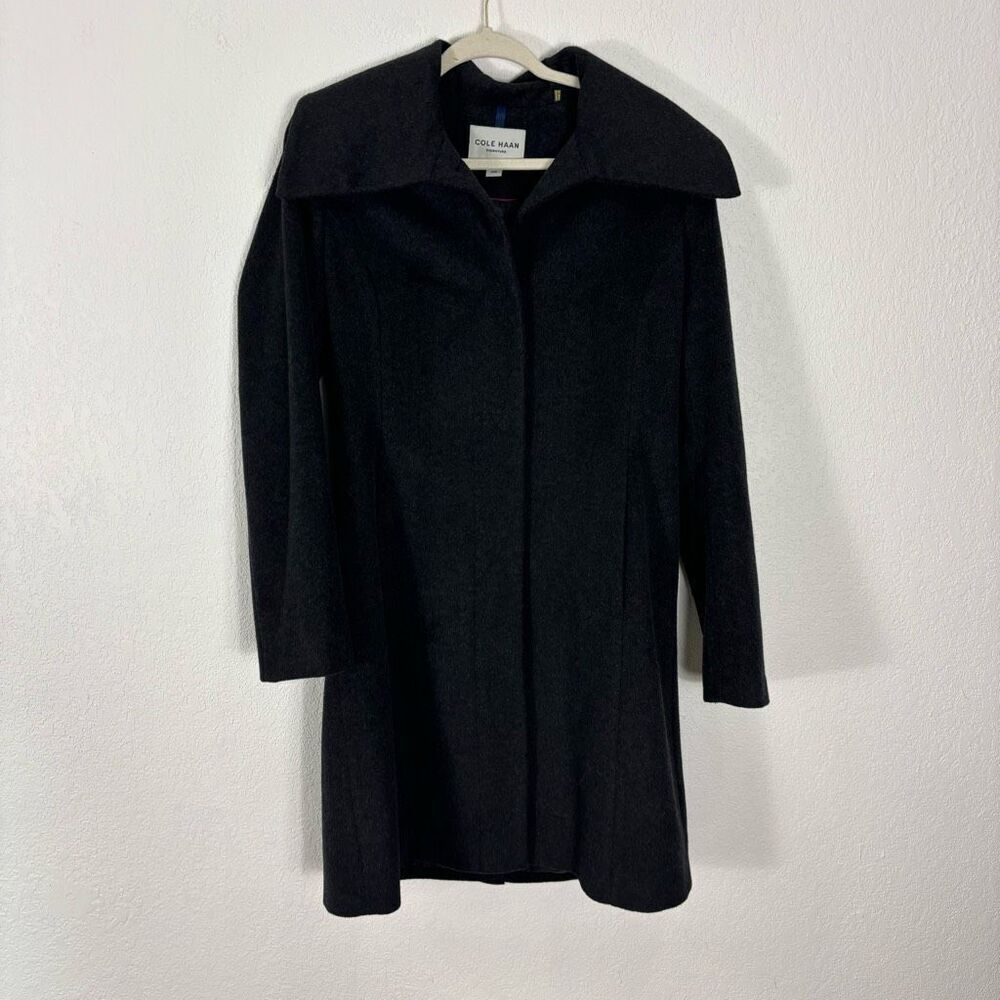 Cole Haan Dark Grey Wool Blend Oversized Collar Long Dress Coat‎ Women's 8